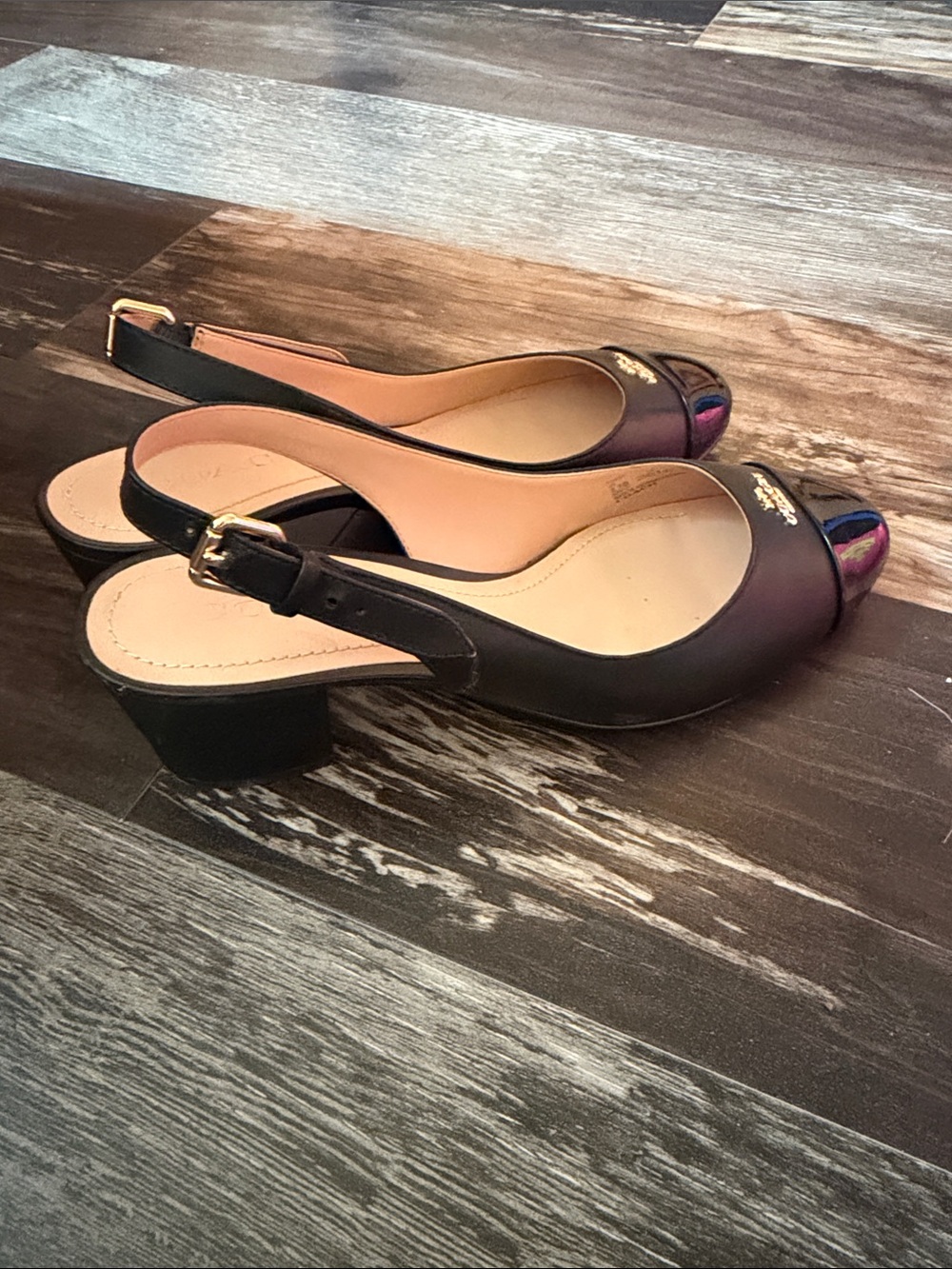 Coach Erica Slingback Black Leather Patent Cap Toe Heels - Picture 4 of 7